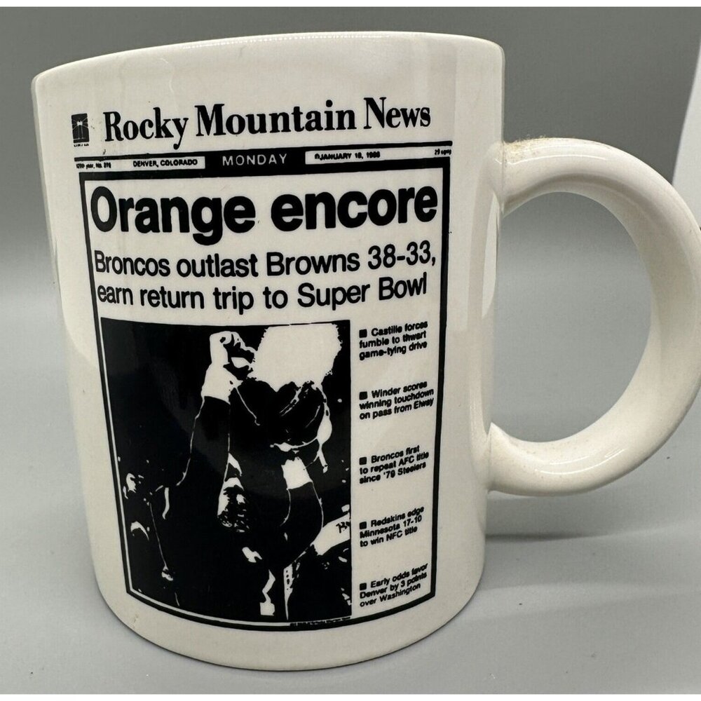 Rocky Mountain News  Denver Broncos Vintage Mug 1988 Headline "Super Bowl Bound"